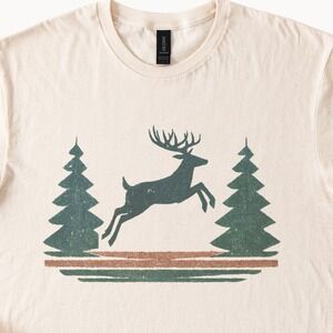 Leaping Deer Glitter Graphic Tee Winter Forest Nature Art